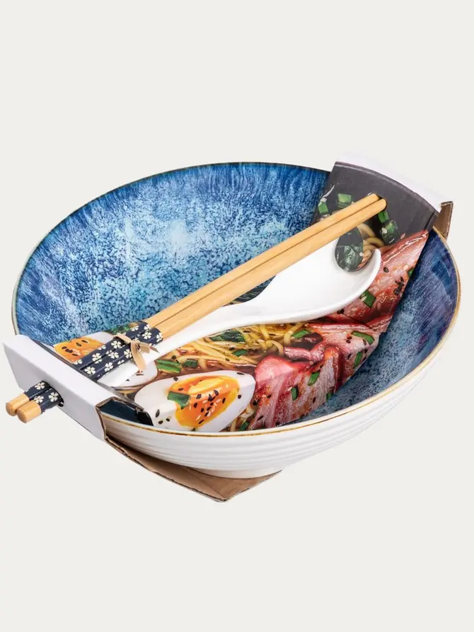 Zestaw do ramen SALADO porcelanowy niebieska z brązowym rantem 21 cm