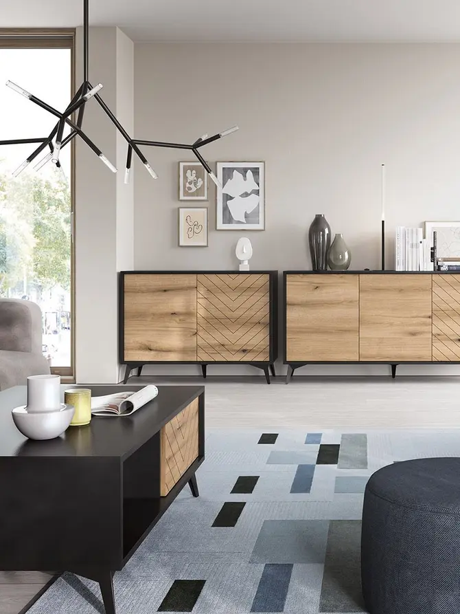 Komoda DIAMOND czarny korpus z dekorem dąb evoke na frontach 153,4x39x76,7 cm