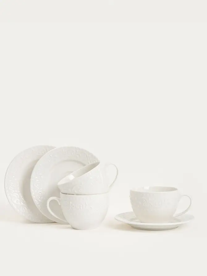 Zestaw filiżanek ze spodkiem SYLIA porcelanowych dużych białych z ornamentem 6 el.