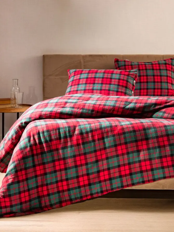 Pościel TARTAN flanelowa z barwionych nici w kratę 160x200 + 2*50x60 cm