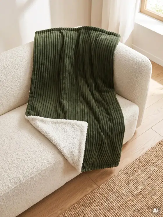 Koc MIRADO zielony o strukturze sztruksu z podbiciem boucle 150x200cm