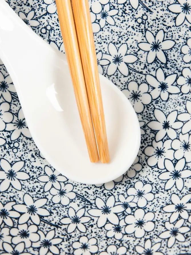 Zestaw do ramen SALADO porcelanowy w kwiatki z brązowym rantem 21 cm