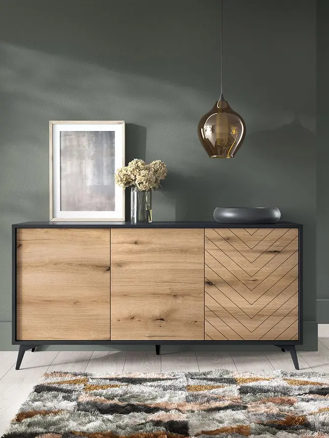 Komoda DIAMOND czarny korpus z dekorem dąb evoke na frontach 153,4x39x76,7 cm