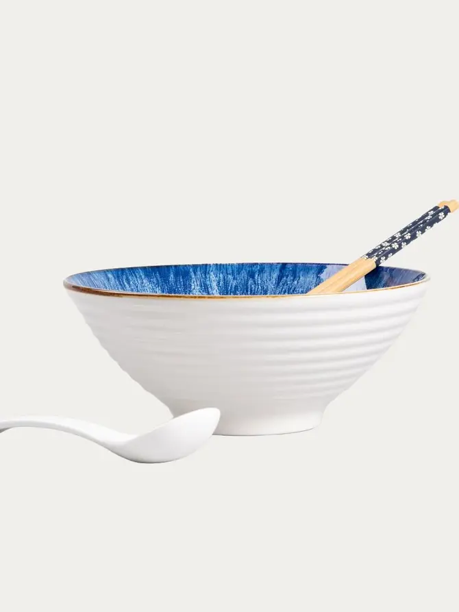 Zestaw do ramen SALADO porcelanowy niebieska z brązowym rantem 21 cm