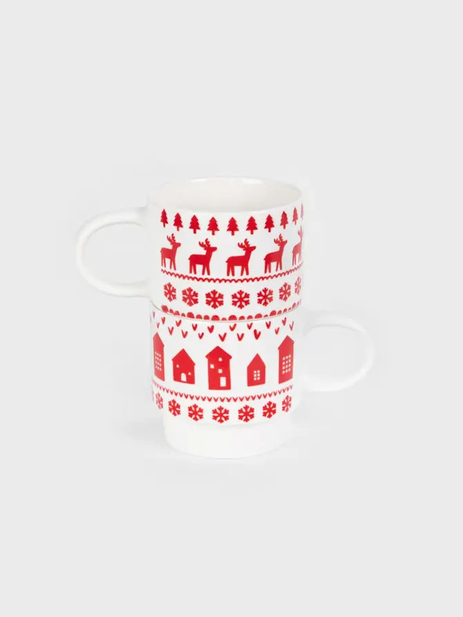 Zestaw kubków CANAMA porcelanowych piętrowanych w renifery i domki, 2 szt. 0,3 l