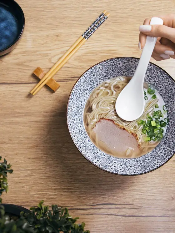 Zestaw do ramen SALADO porcelanowy w kwiatki z brązowym rantem 21 cm
