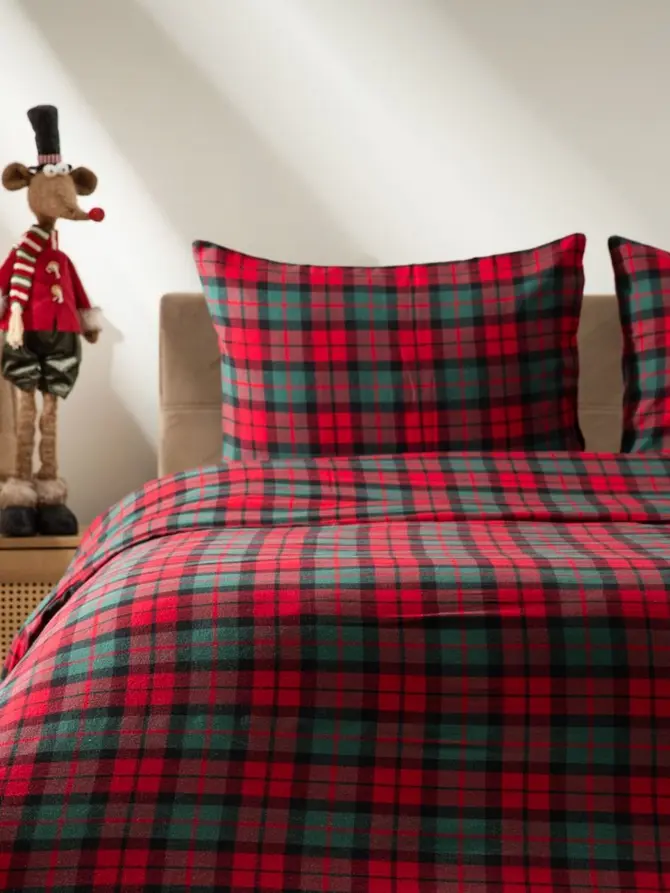 Pościel TARTAN flanelowa z barwionych nici w kratę 220x200 + 2*50x60 cm