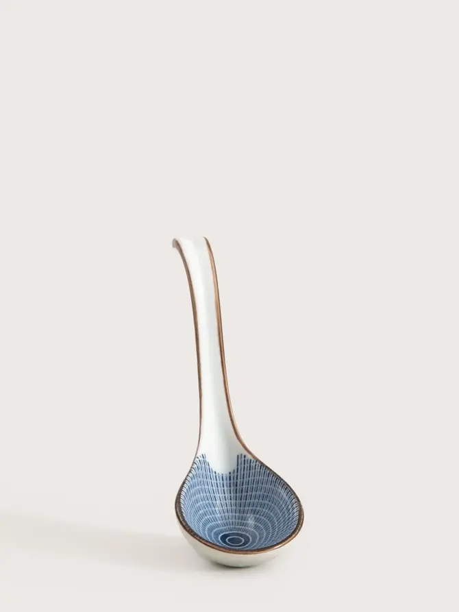 Łyżka do ramenu SALADO porcelanowa w paski z brązowym rantem 16,5 cm