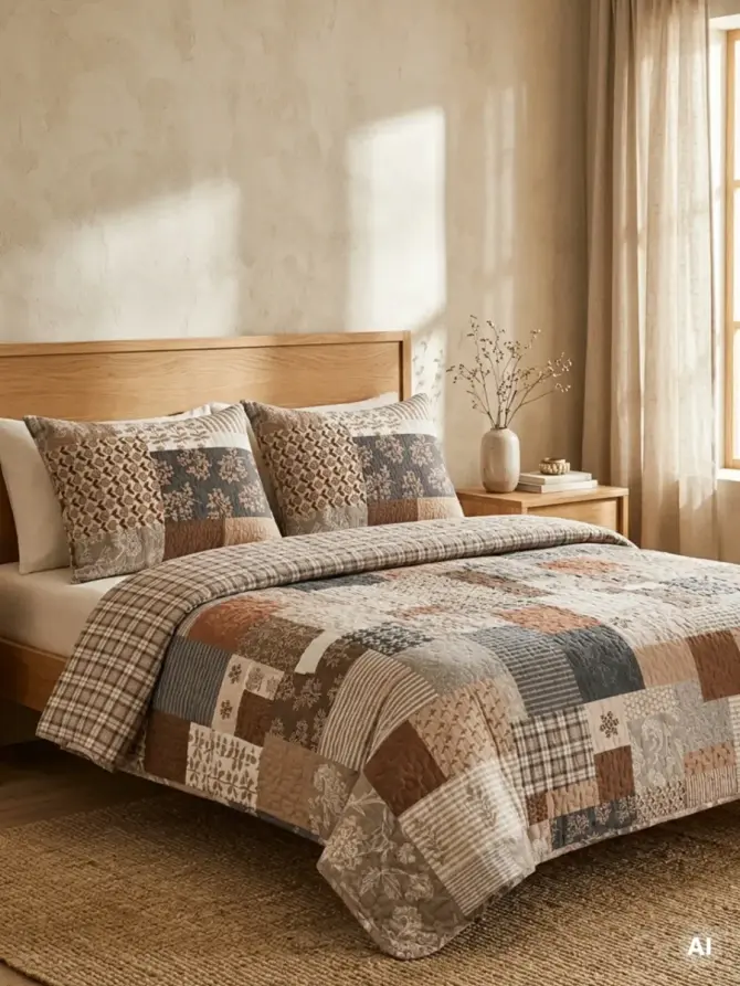 Pościel PATCHWORK bawełniana w ceglasty wzór z pikowaniem 140x200 + 1*70x80 cm