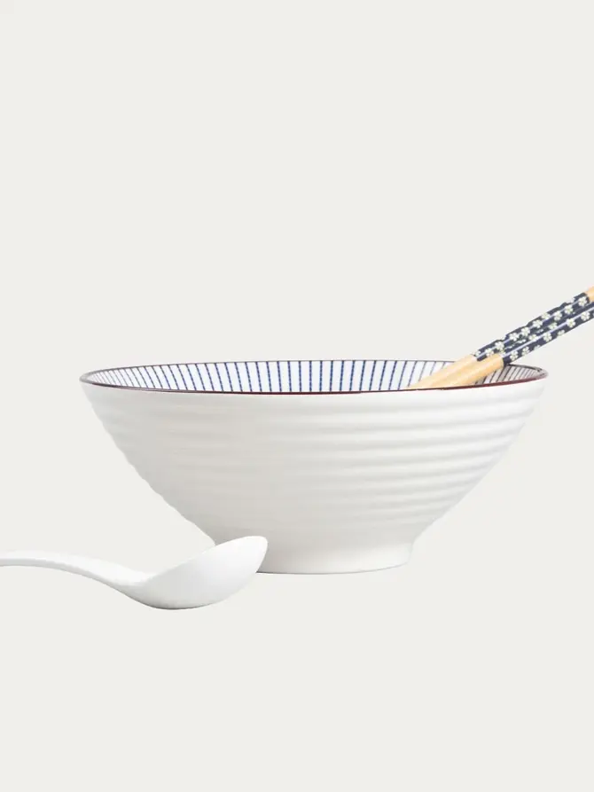 Zestaw do ramen SALADO porcelanowy w paski z brązowym rantem 21 cm